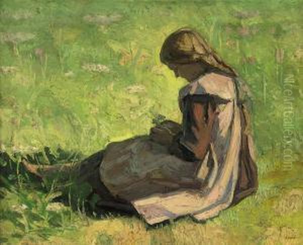 Girl Sitting In The Grass Oil Painting by Emmanuel Zairis