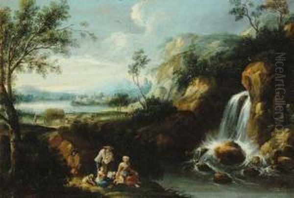 Paesaggio Fluviale Con Cascata E Figure Oil Painting by Gaetano Zais