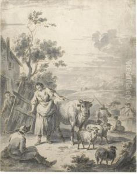 Rural Landscape With Peasants And Animals Oil Painting by Giuseppe Zais