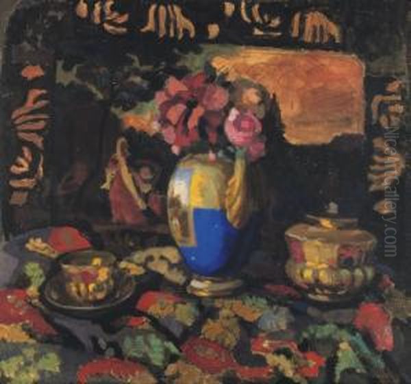 Still Life With Flowers And Tea-set (recto); Interior With Flowers (verso) Oil Painting by Nikolai Semenovich Zaitsev