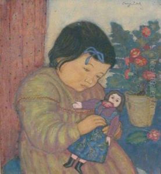 Child With Doll Oil Painting by Eugene Zak