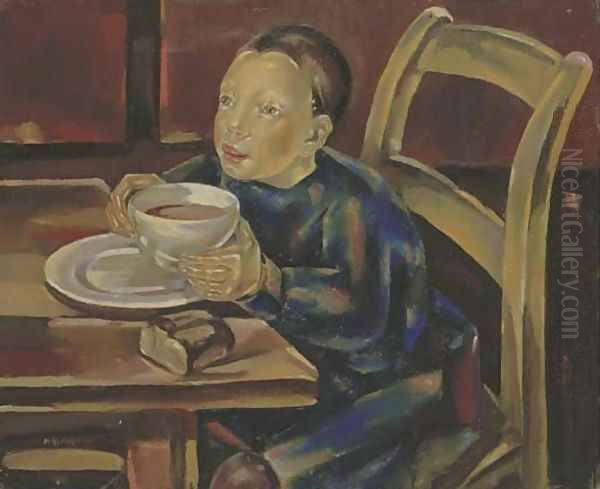 L'enfant au bol, or La tasse de chocolat Oil Painting by Maria Blanchard