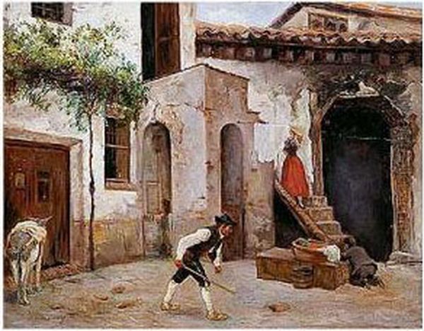 Ninos Jugando En Un Patio Oil Painting by Eduardo Zamacois y Zabala