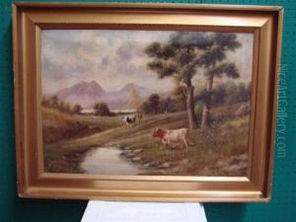 Cows By Stream Oil Painting by M. Zampella