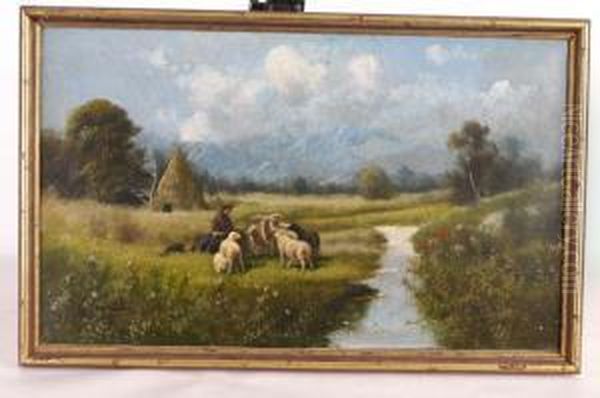 Ashepherd With His Flock Beside A Stream Oil Painting by M. Zampella