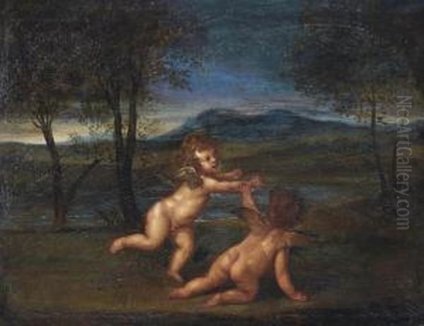 Putti Disporting In A Landscape Oil Painting by Domenico Zampieri (Domenichino)