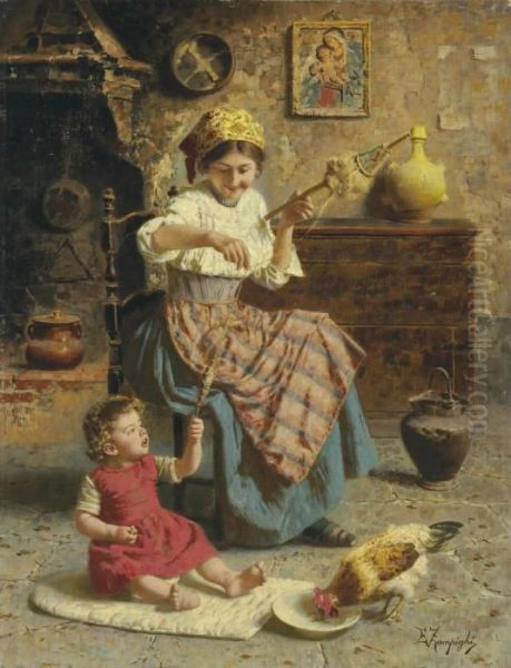 Spinning In The Kitchen Oil Painting by Eugenio Zampighi