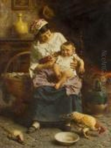 Femme A L'enfant Pres De L'atre Oil Painting by Eugenio Zampighi