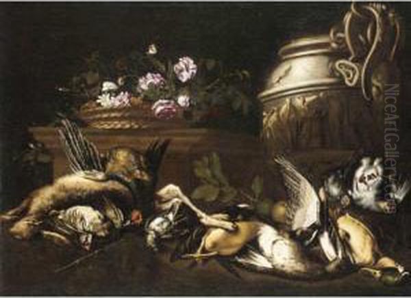 Still Life With A Hare, A Pheasant, Partridges, Duck And Other Gamebirds, Together With A Basket Of Flowers And A Gilt Urn Oil Painting by Giovanni Paolo Zanardi