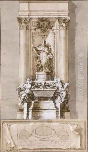 Design for the tomb of Pope Clement XI Albani with allegories of Strength and Religion flanking a sarcophagus Oil Painting by Pietro Bracci