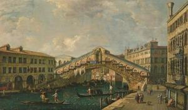 Veduta Del Ponte Di Rialto Visto Da Sud Con Le Rive Del Vin E Del Carbon Oil Painting by Francesco Zanin