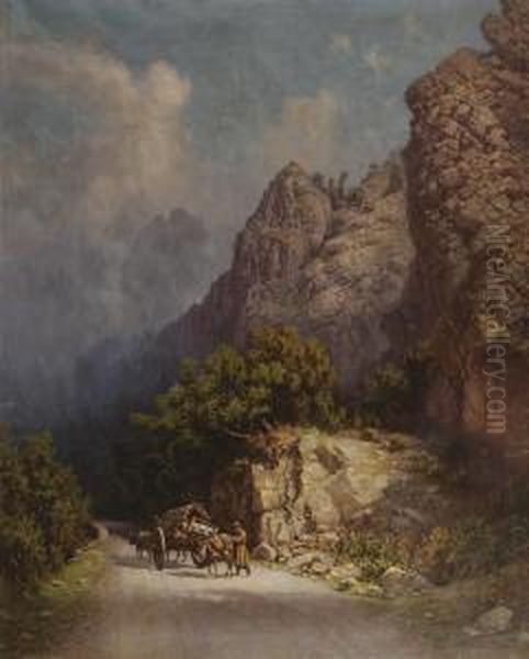 Ox-drawn Cart In The Mountains Oil Painting by Ilya Nikolaevich Zankovsky