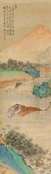 Four Tiger Paintings Oil Painting by Hu Zaobin