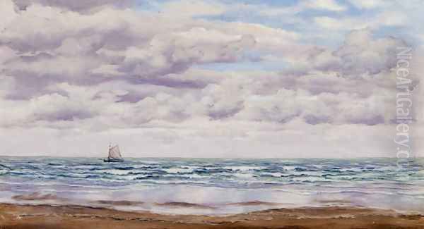 Gathering Clouds, A Fishing Boat Off The Coast Oil Painting by John Edward Brett