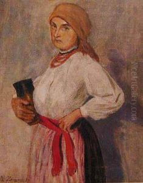 Wiesniaczka Z Dzbanem, Przed 1918 Oil Painting by Marian Zarembski