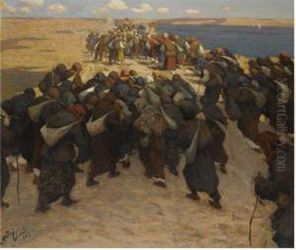 Crowd Of Pilgrims Oil Painting by Viktor Ivanovich Zarubin