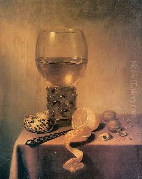 A roemer, two shells, a peeledlemon, a knife and walnuts on a Draped Table Oil Painting by Maerten Boelema De Stomme