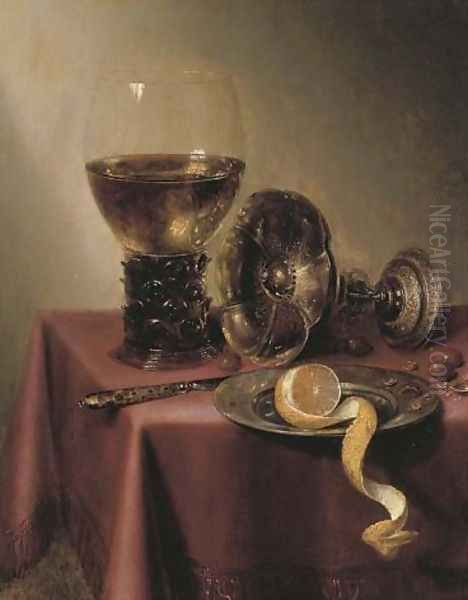 An upturned silver tazza, hazelnuts, a peeled lemon on a pewter platter, a knife and a roemer, on a draped table Oil Painting by Maerten Boelema De Stomme