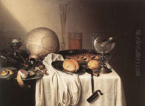 Still-Life with a Bearded Man Crock and a Nautilus Shell Cup Oil Painting by Maerten Boelema De Stomme