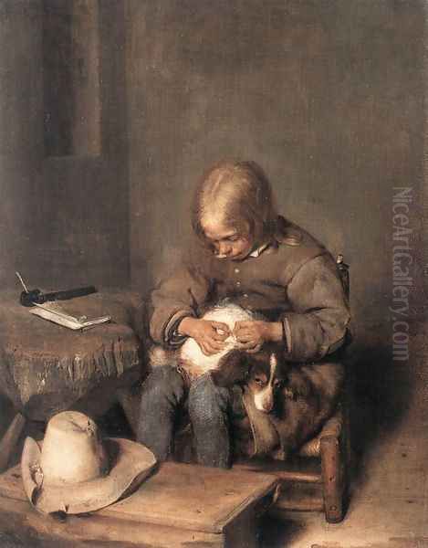 Boy Ridding his Dog of Fleas c. 1665 Oil Painting by Gerard Ter Borch