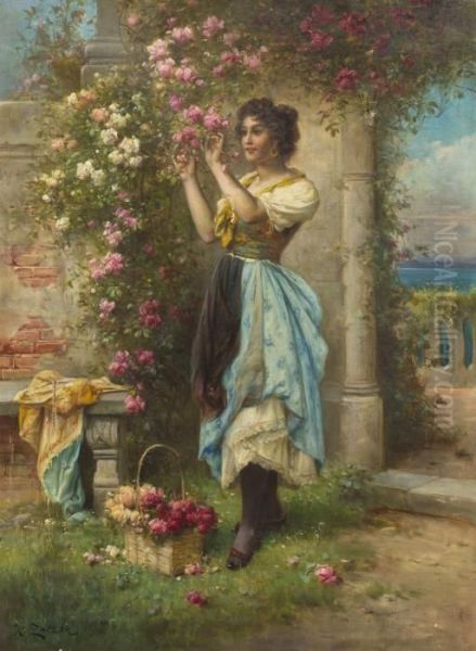 Lady With Flowers Oil Painting by Hans Zatzka