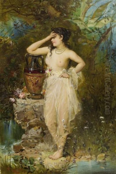 A Beautiful Woman Bathing Oil Painting by Hans Zatzka