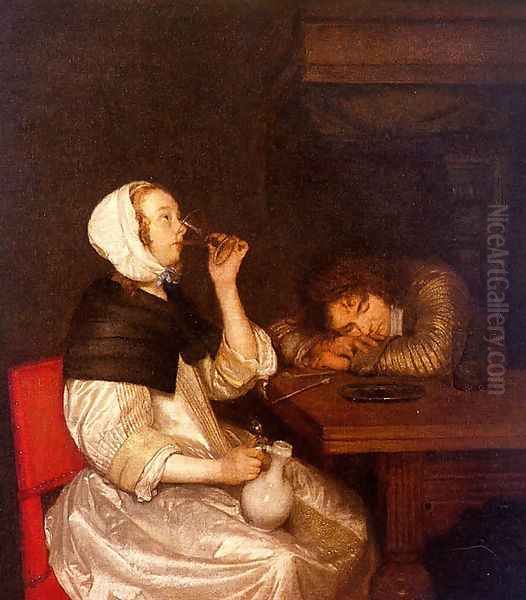 Woman Drinking with Sleeping Soldier 1660s Oil Painting by Gerard Ter Borch