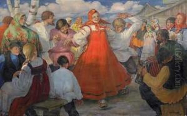 Dance In The Village Oil Painting by Michal Petrovic Zavistowsky