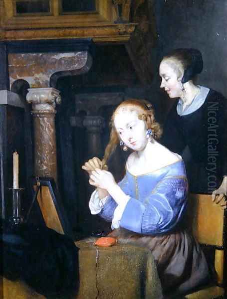 A Lady Dressing her Hair, c.1657 Oil Painting by Gerard Ter Borch