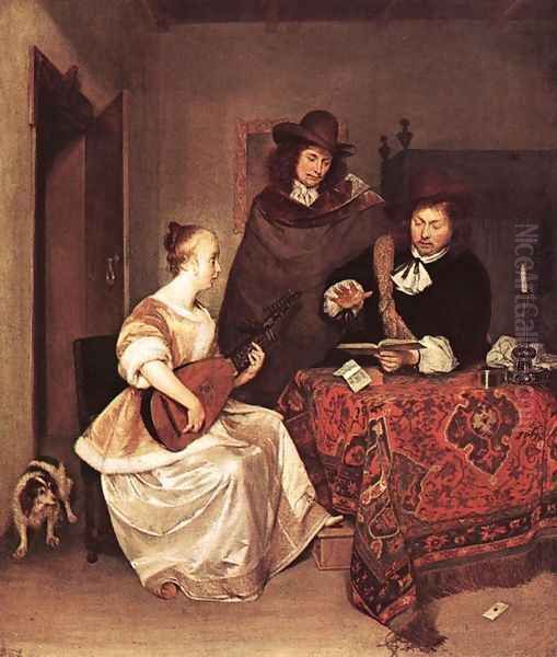 A Young Woman Playing a Theorbo to Two Men 1667-68 Oil Painting by Gerard Ter Borch