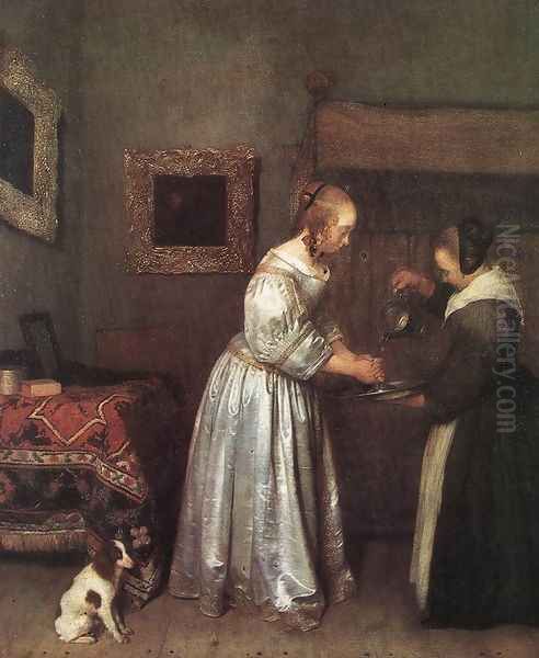 Woman Washing Hands c. 1655 Oil Painting by Gerard Ter Borch