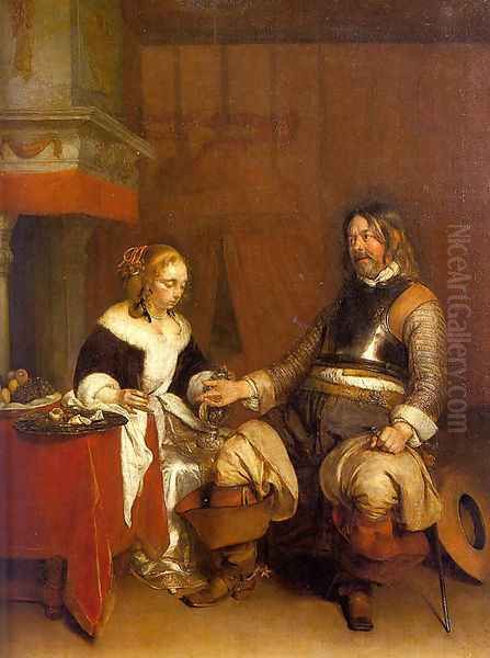 Soldier Offering a Young Woman Coins 1662-63 Oil Painting by Gerard Ter Borch