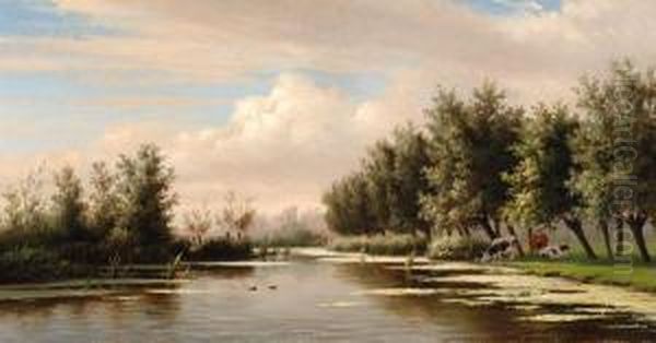 Landscape With Cows By The Water Oil Painting by Jan Zeeuw Van Den Laan