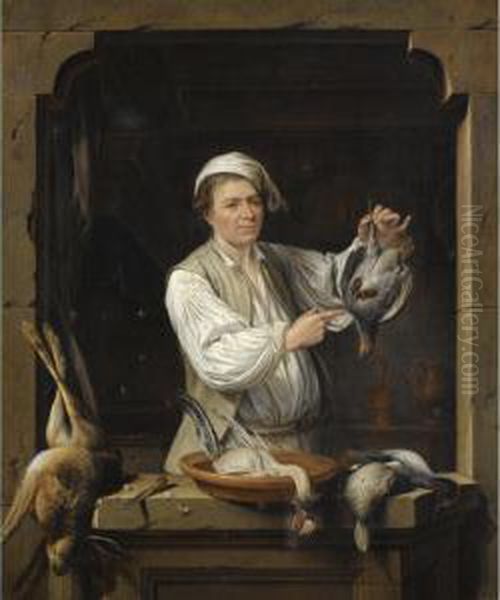 A Man At A Window Selling Game Oil Painting by Gerrit Zegelaar