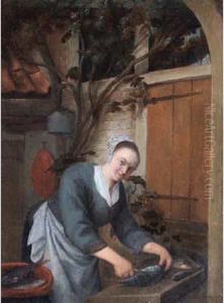 A Young Maid Cleaning Fish Oil Painting by Gerrit Zegelaar