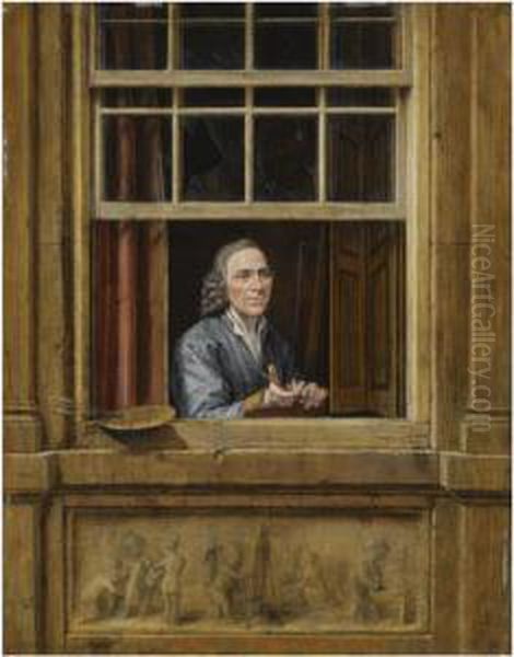 A Self-portrait Of The Artist, Half Length, At A Window, With Apalette And Paint-brushes On The Windowsill Oil Painting by Gerrit Zegelaar