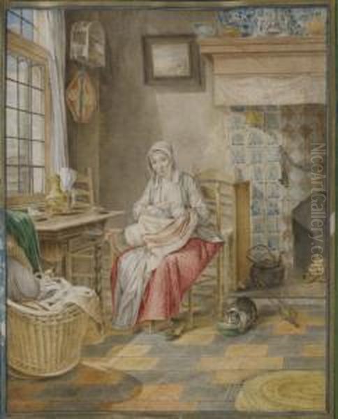 Femme Allaitant Pres D'une Fenetre Dans Un Interieur Hollandais Oil Painting by Gerrit Zegelaar