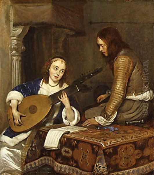 A Woman Playing the Theorbo Lute and a Cavalier ca 1658 Oil Painting by Gerard Ter Borch