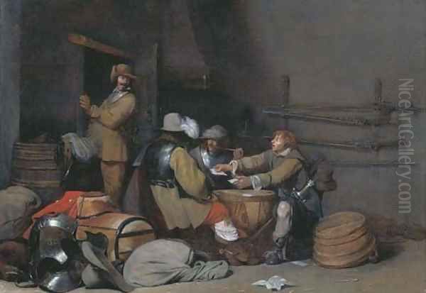 A guardroom interior with soldiers smoking and playing cards Oil Painting by Gerard Ter Borch