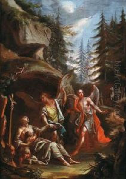 Santa Genoveffa Con Il Figlio E Gli Angeli Nel Bosco Oil Painting by Johannn Jakob Zeiller