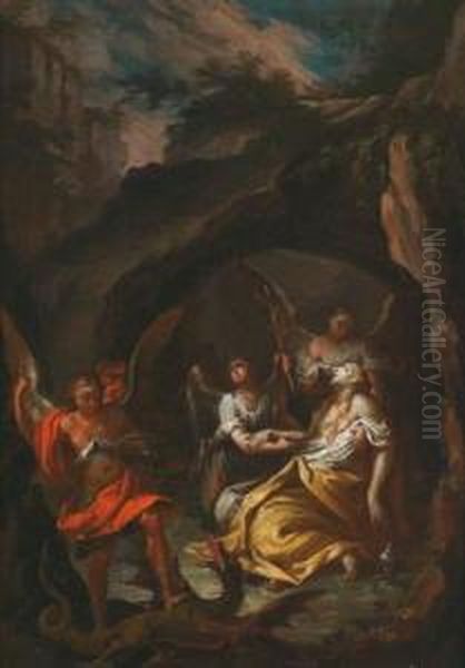 Santa Margherita Con Gli Angeli In Una Grotta Oil Painting by Johannn Jakob Zeiller