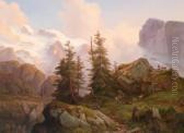 Gebirgslandschaft Mitschafherde Und Hirten Oil Painting by Jakob Joseph Zelger