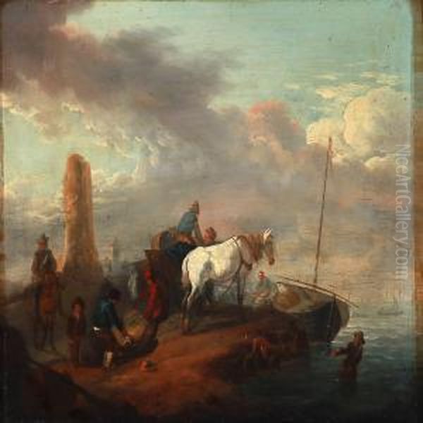 Coastal Scene With Fishermen And Travellers On Their Way To A Boat Oil Painting by Johann Conrad Zeller