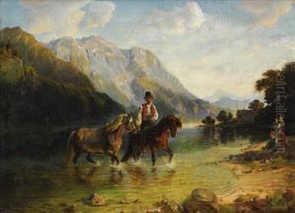 Family With Horses Fording A River Oil Painting by Anna Zellerin