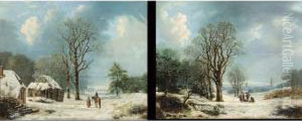 Winter Landscapes With Woodgatherers And Travellers, A Pair Oil Painting by Johannes Simon Zembsch