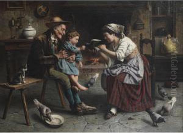 Feeding The Pigeons In A Cottage Interior Oil Painting by Jules Zermati