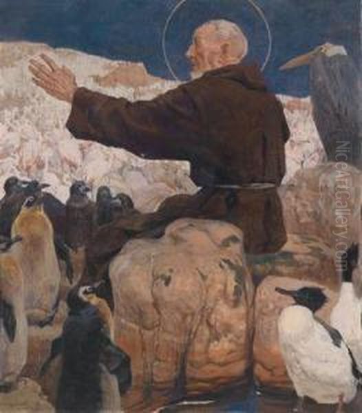 Der Hl. Franziskus Predigt Den Pinguinen Und Wasservogeln Oil Painting by Fritz Zerritsch