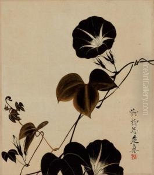 Morning Glories Signed Tairyukyo Zeshin And Sealed Hanging Scroll Oil Painting by Shibata Zeshin