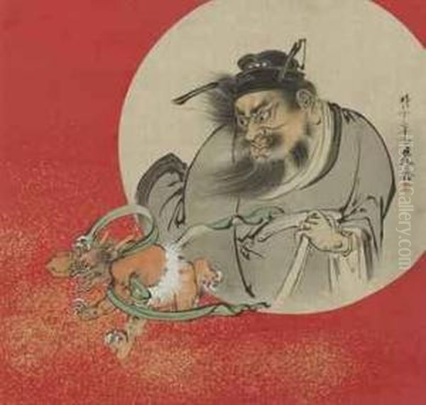 Shoki Exorcising A Demon Oil Painting by Shibata Zeshin