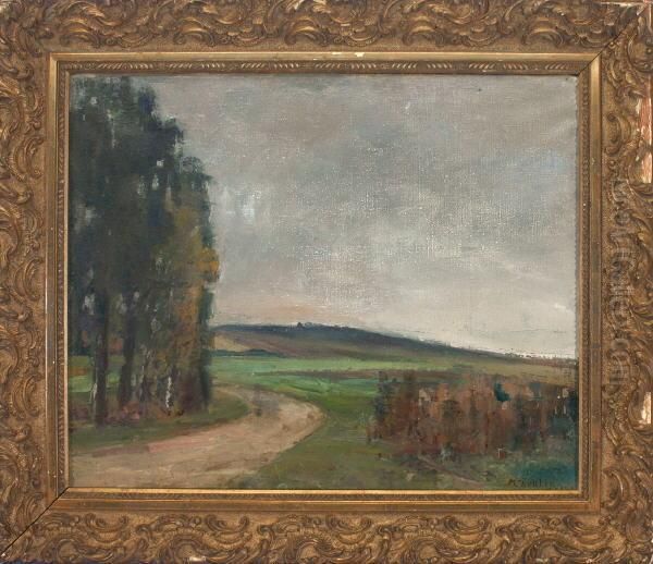 Feldweg Bei Einer Baumgruppe In Weiter, Bewolkter Landschaft Oil Painting by Max Zettler